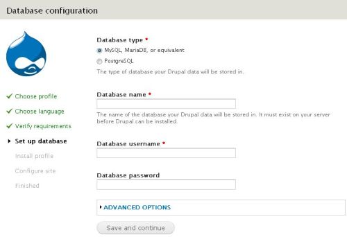 Masukan Database untuk Instalasi Drupal